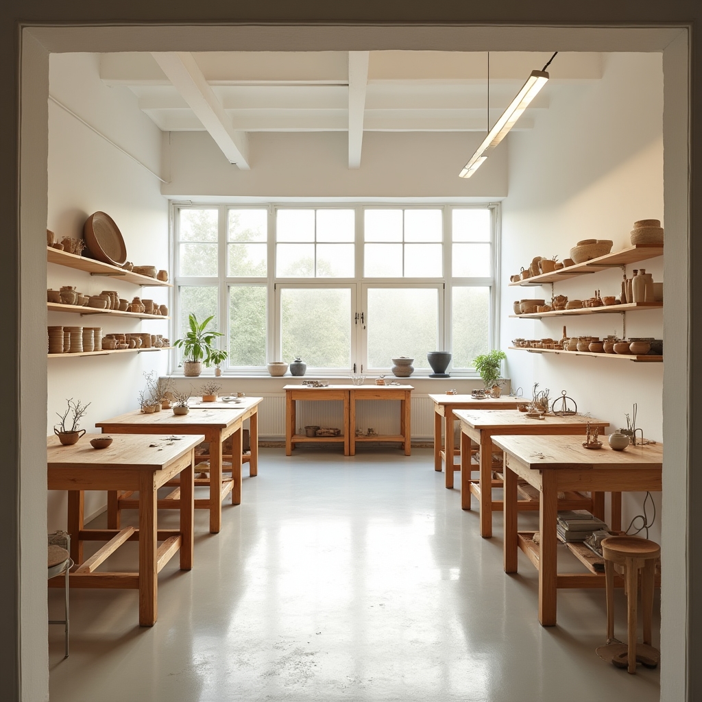 Interior del taller de cerámica con mesas de trabajo iluminadas y materiales organizados