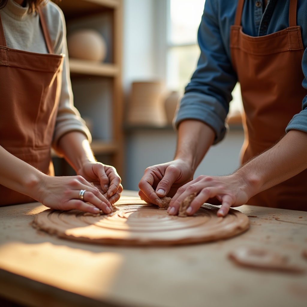 Manos modelando arcilla en el taller de cerámica Lerunqorai en Bilbao