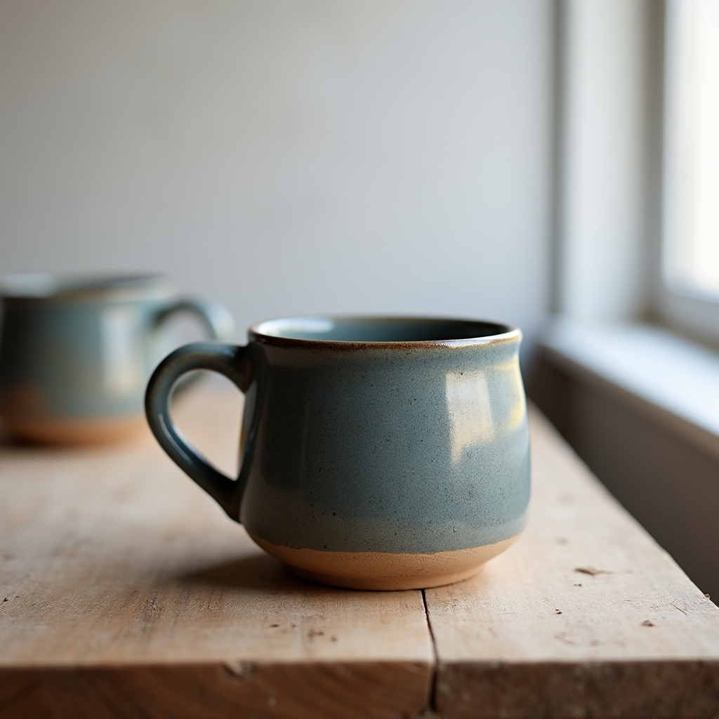 Taza de cerámica artesanal con esmalte gris azulado